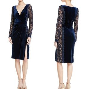 NEW Tadashi Shoji Navy Blue Lace and Velvet Long Sleeve Wrap Illusion Dress 8
